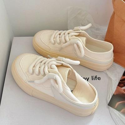 The Heel Can Be Stepped On Half-drag Canvas Shoes for Women's 2025 Spring New Niche Original Versatile Little White Shoes with Skirts for Women's Shoe