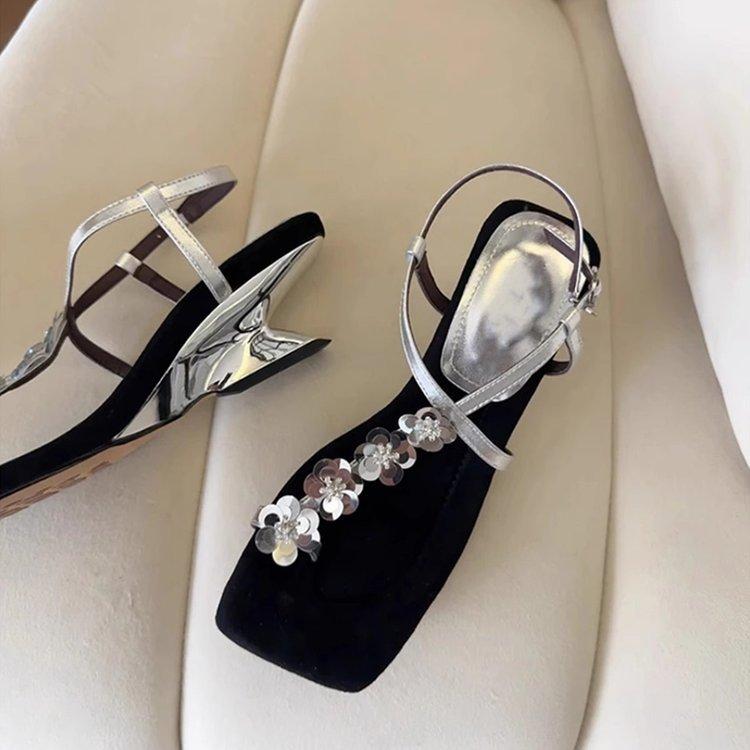 Giant Beauty~ French Square Head Niche Design Sequins Flower Set Toe Sandals Women's Soft Sole with Skirt Wedge Heel Sandals