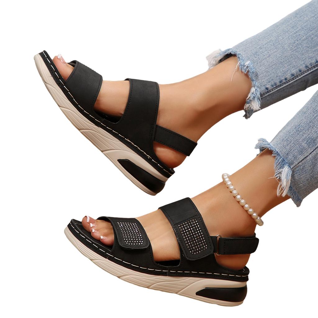 Women's Casual Plus Size Wedge Sandals with Rhinestone Decoration Adjustable Straps Air Cushion Sole Comfortable Summer Footwear