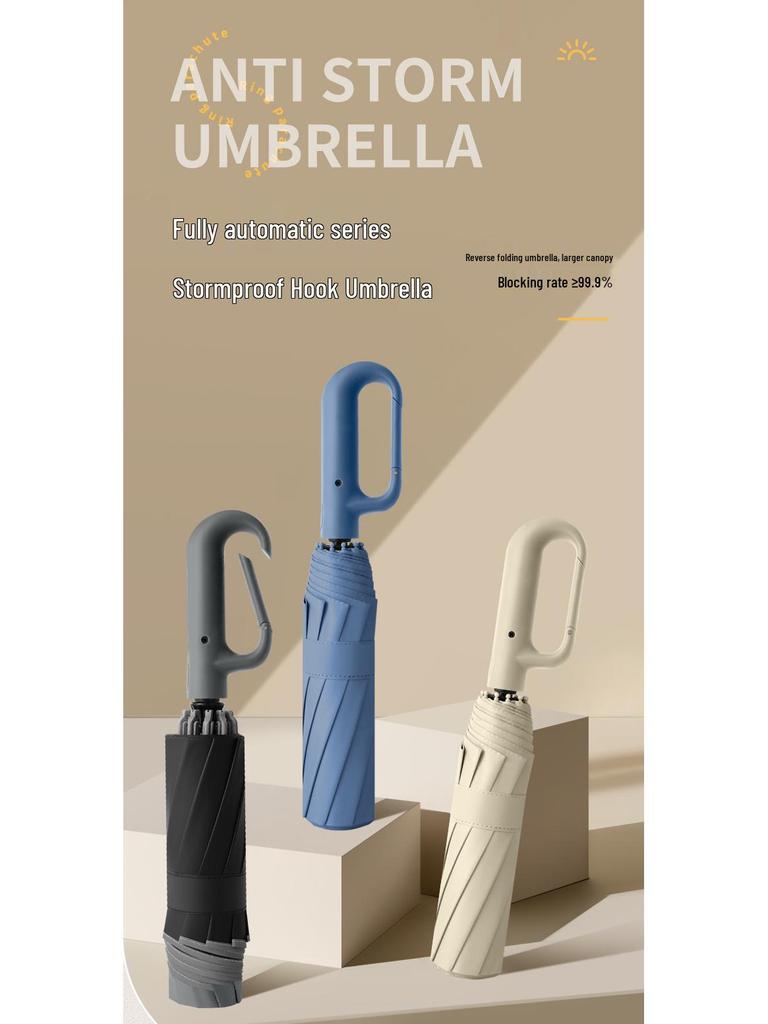 Automatic Windproof Folding Umbrella with Sun Protection, Reverse Design for All Weather, Black