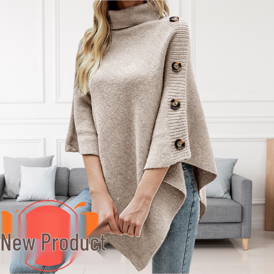 Evropský a americký pletený kardigan s vysokým límcem, jednobarevný šál, pončo s rozparky pro ženy