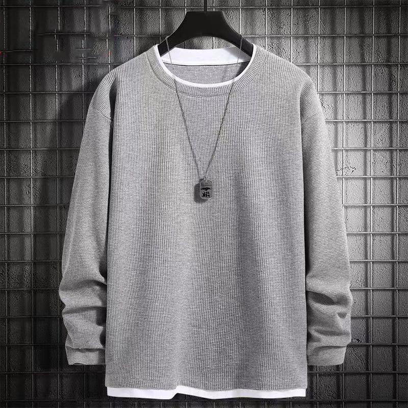 Loose Round Neck Inner Bottoming Shirt Trendy Men'S Waffle Fake Two Long-Sleeved T-Shirt Autumn And Winter Sweater