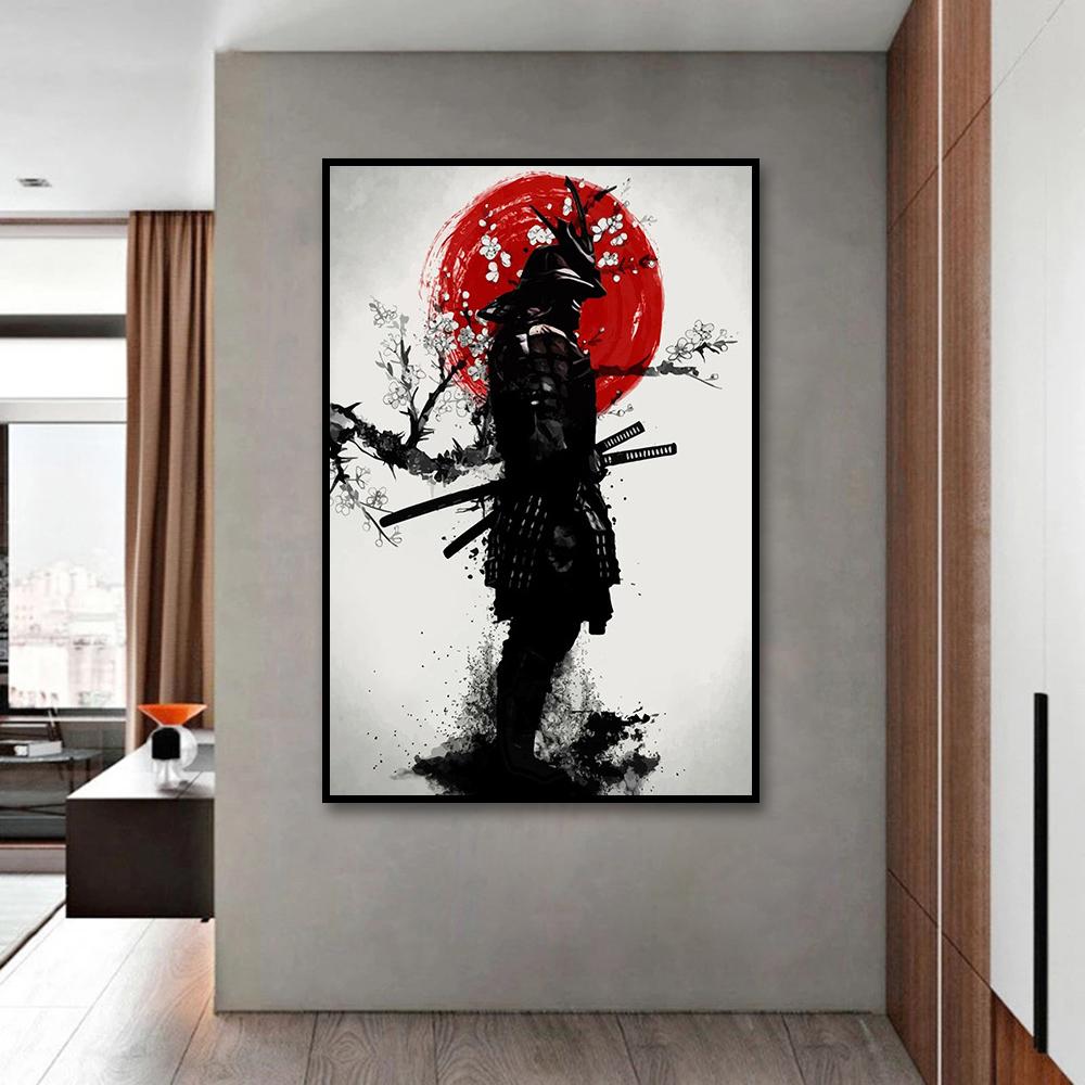 Black and White Japanese Black Samurai Man with Crow Posters and Print Wall Art Canvas Painting for Living Room Cuadros Decor 60 X 40 Cm