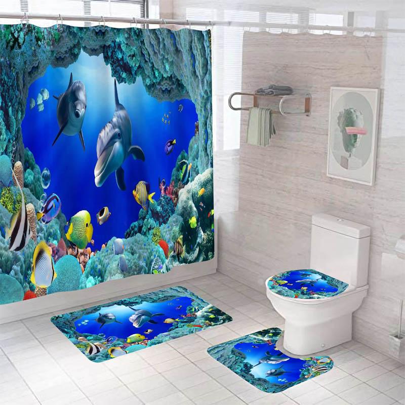 Dolphin Bathroom Decor Waterproof Shower Curtain Set Toilet Seat Cover Non-Slip Bath Mat Rug Carpet Polyester Fabric Washable