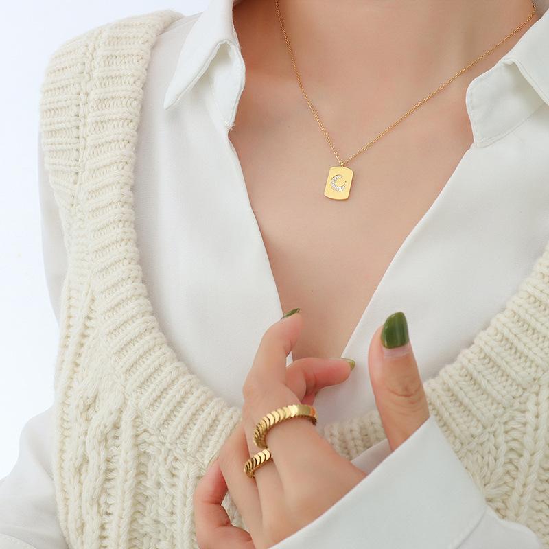 

Стильная квадратная фирменная цепочка с лунным узором и инкрустацией из циркония на ключицу, ожерелье из нержавеющей стали с покрытием из настоящего золота 18 карат P108