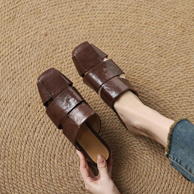 Fashion 2025 Outside Summer Women Mules Genuine Leather Women Shoes Cover Toe Chunky Heel Slippers Square Toe Hollow-out Modern Slippers