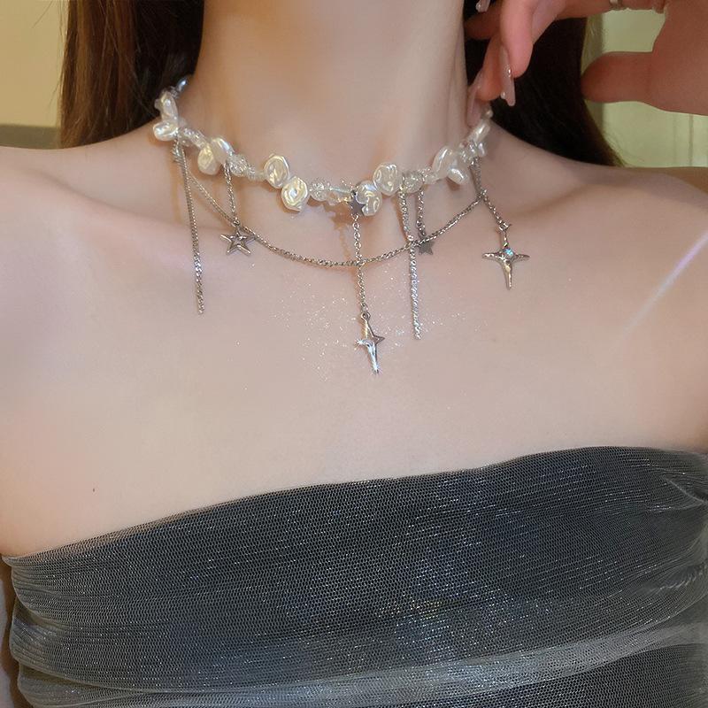 Cold metal wind, pentagram, diamond-encrusted pearl necklace, personalized stacking, high-grade collarbone chain necklace
