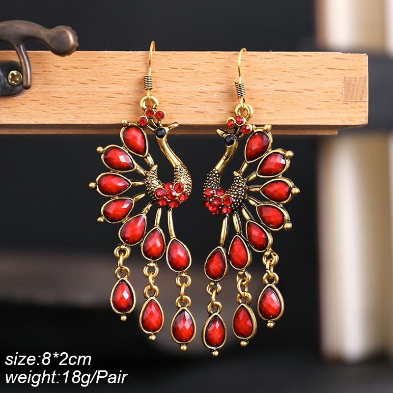 Ethnic Vintage Red Temperament Long Dangle Earrings for Women Flower Peacock and Water Drop Design Wedding Party Jewelry