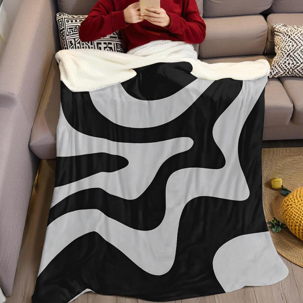 Black & White Wave Motif Flannel Blanket Warm Soft Halloween Christmas Couch Warm Cozy Decorative Decor Gift for All Season