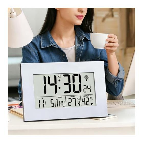 BTtime Table Clock, Radio Clock, Thermometer, Hygrometer, Alarm Clock, Wall Clock, Date/Day Display, Multifunctional, Nap, Tabletop Alarm Function