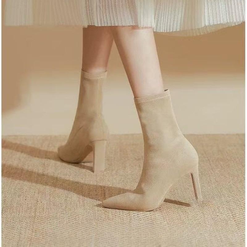Women Fashion Simple Ankle Boots Pointed Toe Stretch Autumn Comfortable Elegant Stiletto Socks Thin High Heels Shoes