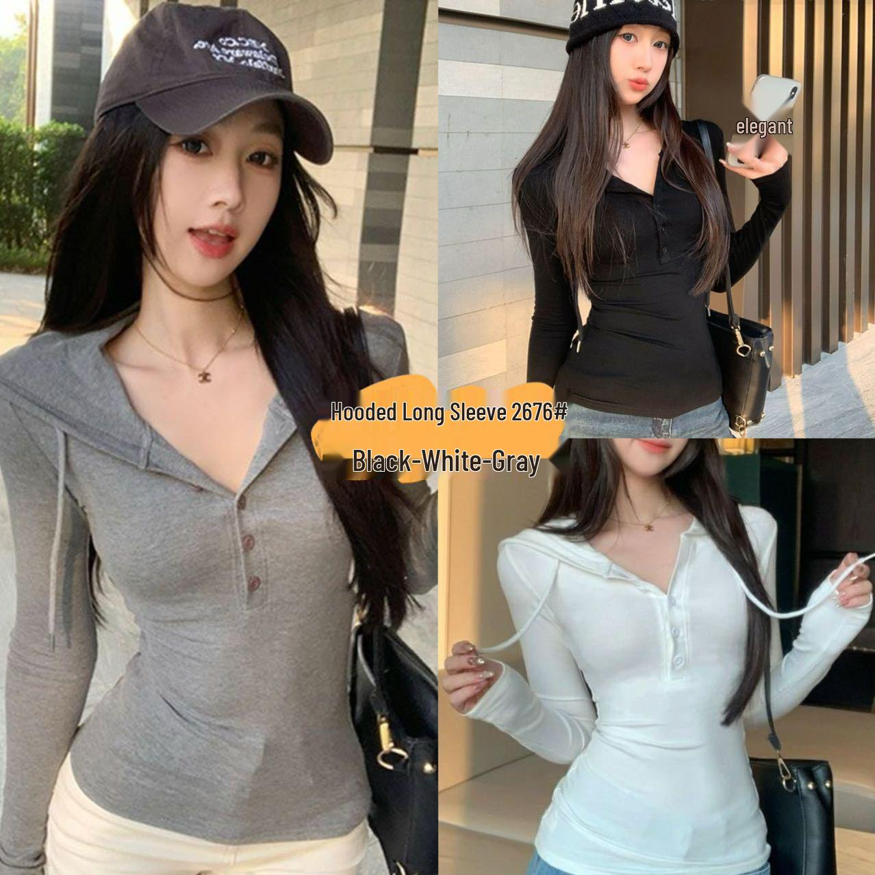 

Korean Style Hooded Long Sleeve T-shirt for Women - Casual Autumn Slim Fit Top L (100-115 lbs) білий