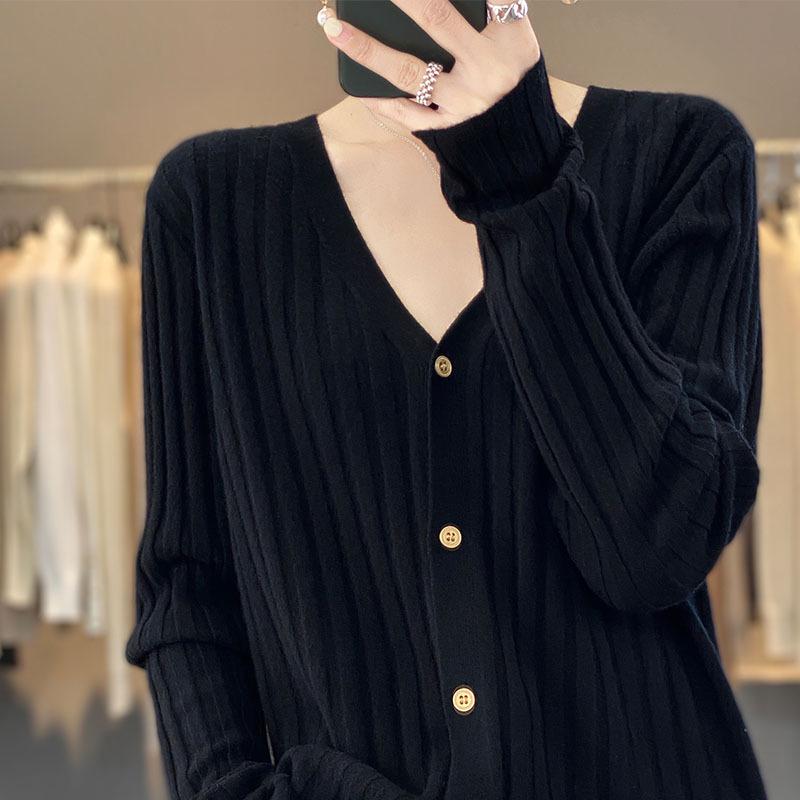2025 Autumn/Winter Women's 100% Wool V-Neck Ribbed Cardigan Sweater, Versatile Loose Cashmere Coat