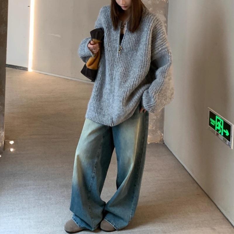 Crew neck zipper thickened knitted cardigan women's autumn and winter new loose lazy sweater jacket women