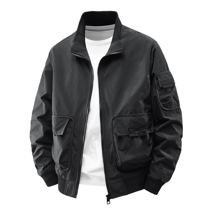 Men's Trendy Korean Style Stand Collar Bomber Jacket - Windproof, Solid Color for Spring & Autumn Outdoor Sports