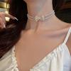 Pearl Neck Chain Trendy Short Bow Necklace Female Summer Light Luxury Fairy Gas Colored Diamond Collarbone Chain