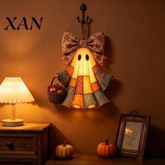 Resin Wall Ornament Lighted Vintage Patchwork Ghost Door Hanger, Rustic Farmhouse Figurine, LED Light Up Hanging Art for Halloween Spooky Statue