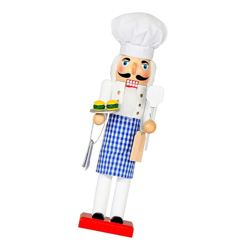 Handcrafted Wooden Christmas Nutcrackers Chefs Statue With Blue Plaids Apron Vintage Holiday Tabletop Display Ornament