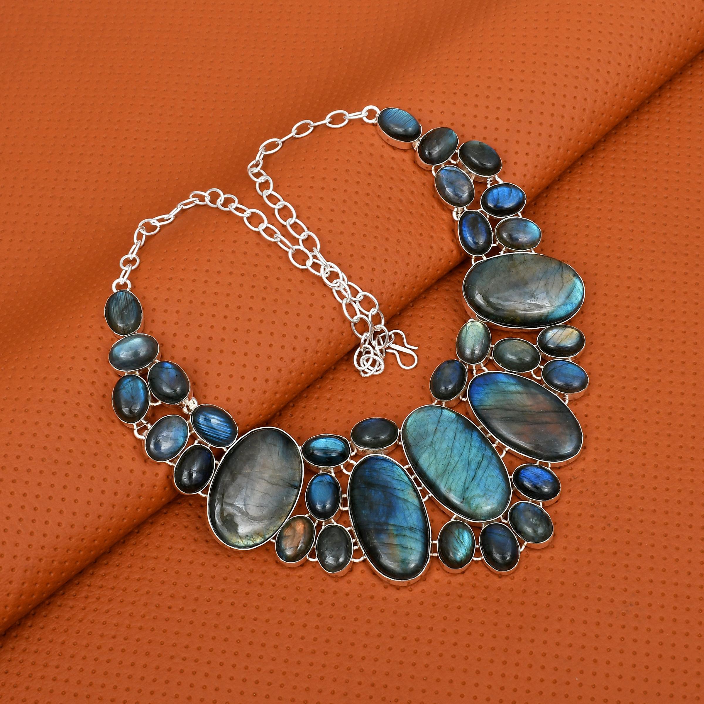 

Лабрадорит Драгоценный Камень Ручной Работы 925 Стерлинговое Серебро Регулируемая Длинная Цепочка Эффектное Ожерелье для Женщин и Девушек