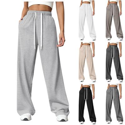 Damen Neue Hose mit elastischem Bund und Seitentaschen Fleecegefüttert Dick Weitbeinige Sweatpants Reine Farbe Gerader Schnitt