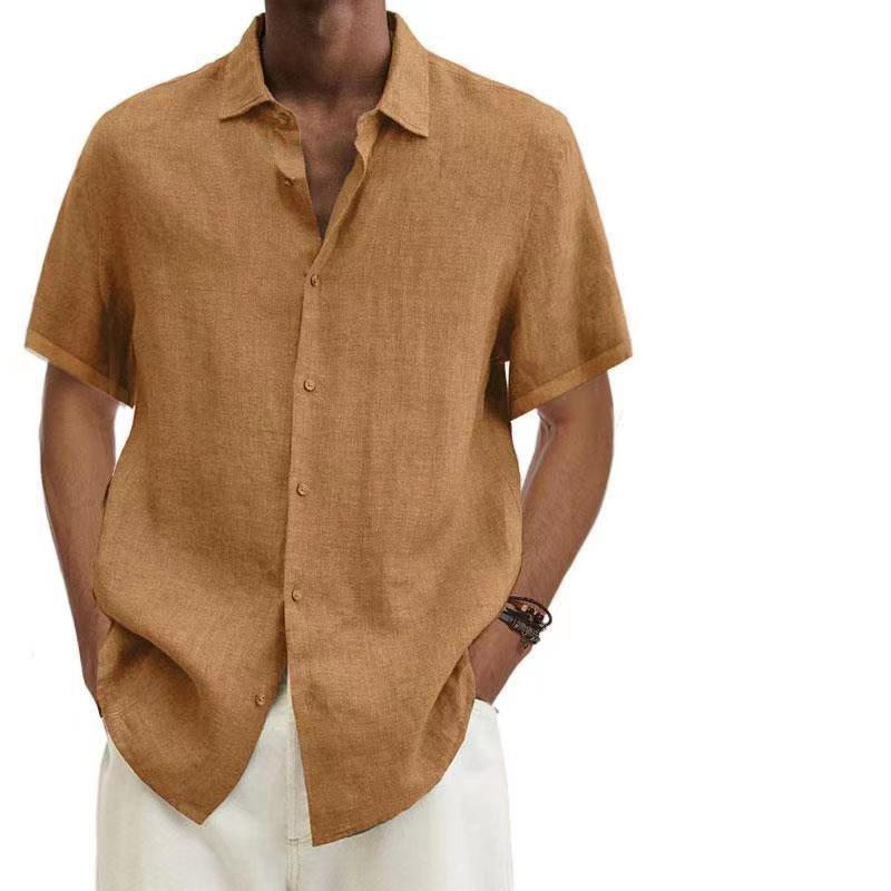 Summer V-neck Button Cotton and Linen Solid Color Men's Shirt Shirt Men Cotton Linen Shirt Men Pocket Casual Beach Short Sleeve Solid Color