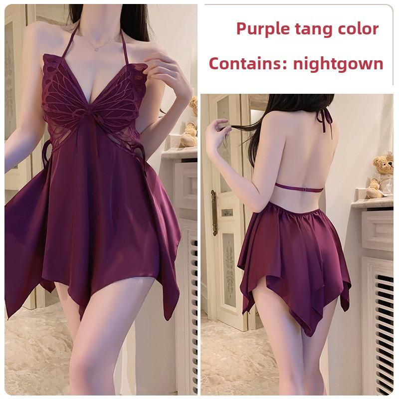 

Sexy Ice Silk Large Size Pajamas Plus Chest Pads Gather Bow Nightgown Robe Loungewear Set L