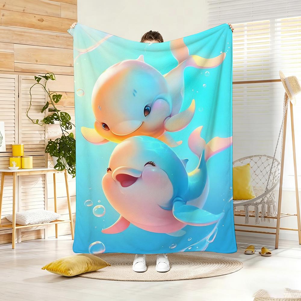 Fantasy Color Cute Dolphin Throw Lightweight 240g Flannel Blanket Soft Skin-friendly for Summer Cooling