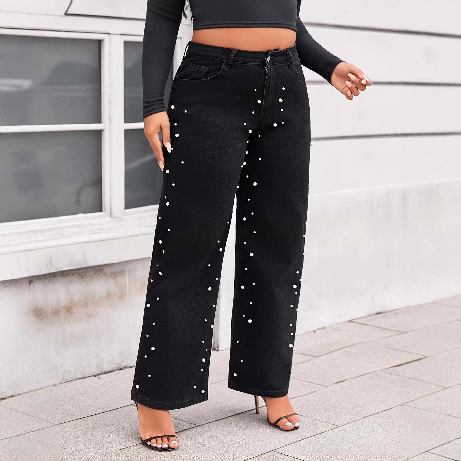 

Plus Size Women s Black Washed Beaded Straight-Leg Jeans 4XL
