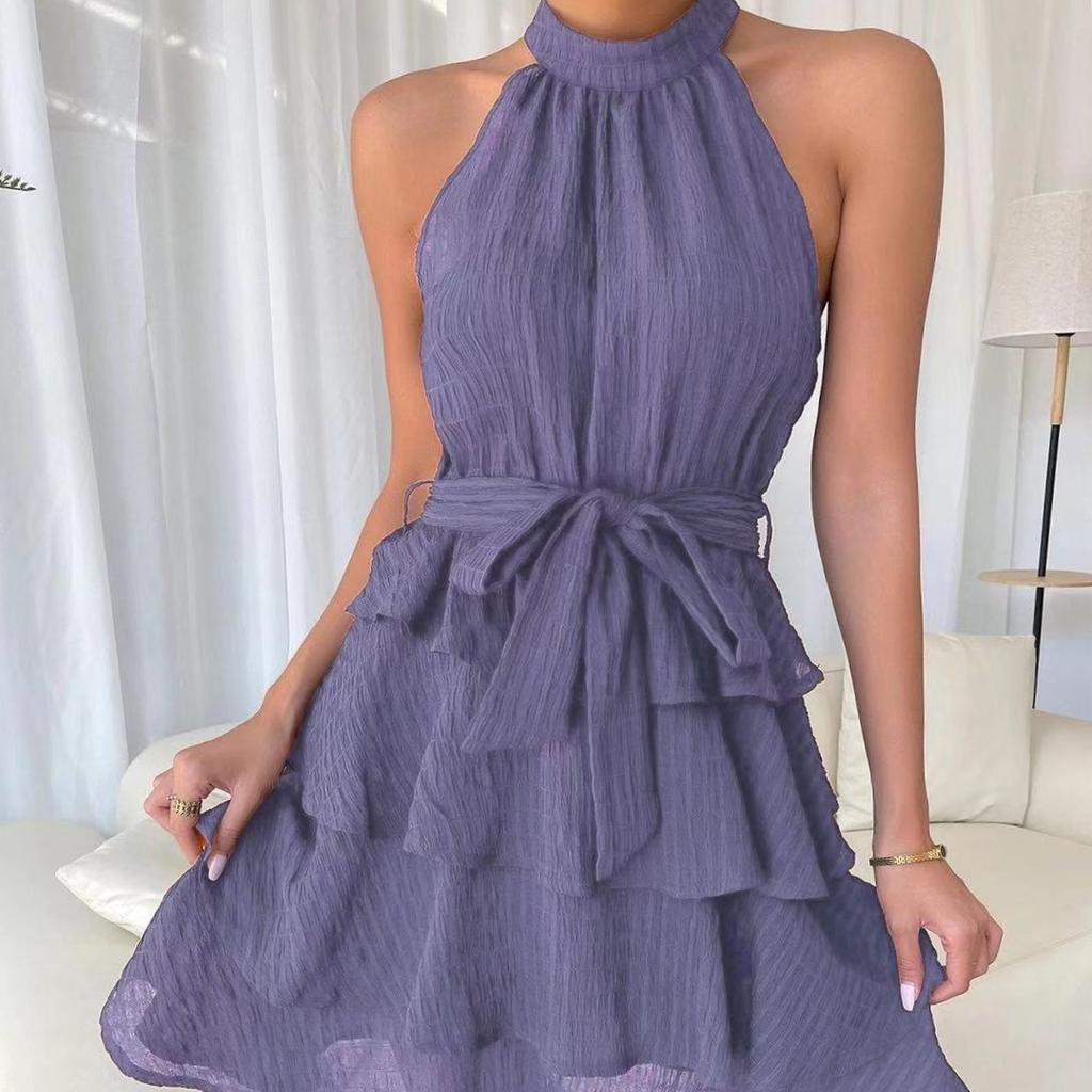 QICED Spring Summer Women's Patchwork Sleeveless Ruffled Dress