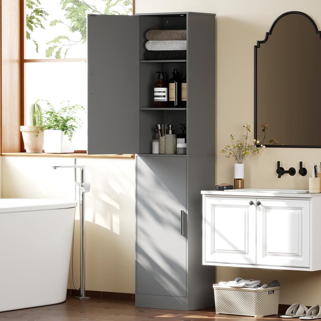 Bathroom Column Cabinet with 2 Doors and 4 Adjustable Shelves, 40 X 35 X 180 Cm, Grey