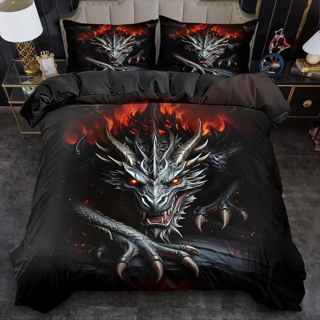 2/3Pcs Mysterious Dragon Print Duvet Cover Set King Queen Size Polyester Bedding with Pillowcases Machine Washable for Bedroom