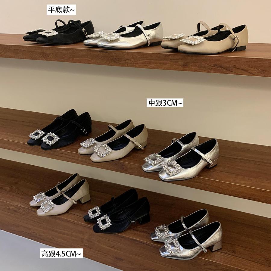 Coarse Heel French Silver Mary Jane Single Shoes Women's Shoes 2025 New Spring and Autumn Square Head Rhinestone Temperament High Heels