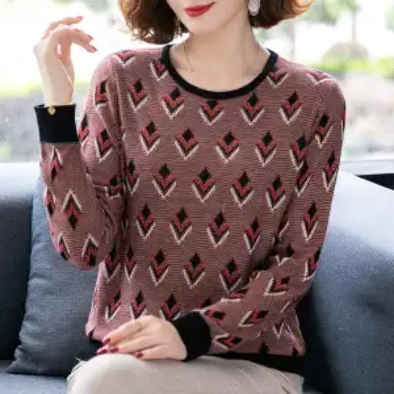 Autumn Winter Women Round Neck Middle-aged Mothers Jacquard Color Tops Knitted Bottoming Shirts Foreign Style Sweaters