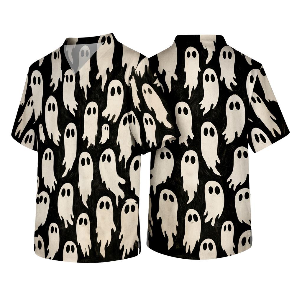 Men's Short Sleeve V-Neck Halloween Print Scrub Top with Chest Pocket
