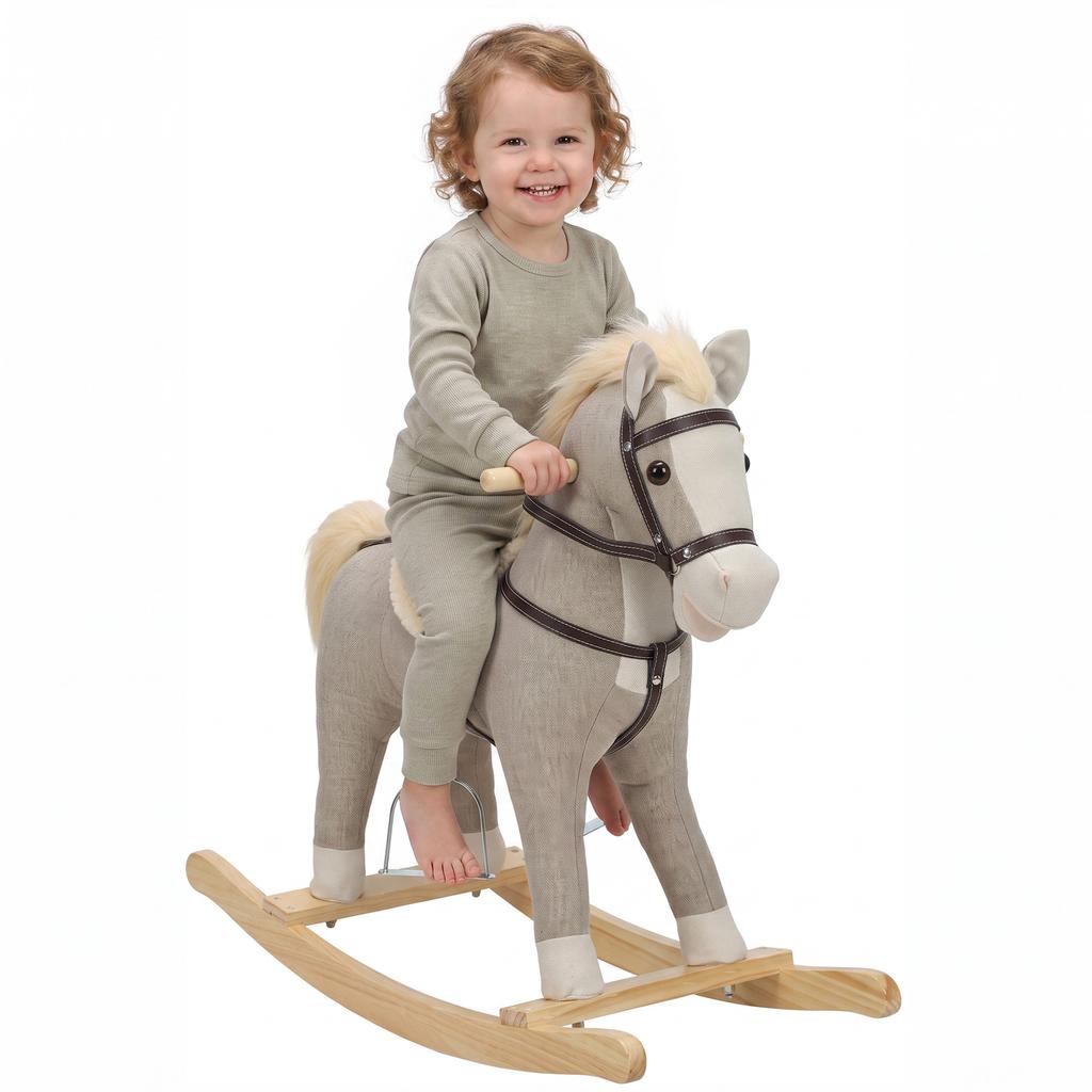 Fabric Linen-Effect Ride-On Horse for Children 1-3 Years with Hoofbeats and Neighing Sounds, Gray