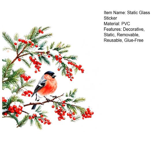 Winter Atmosphere Decor Bullfinch And Red Berries Static Glass Sticker, Watercolor Bird Decal, Window Decals Removable PVC Cling for Home Store
