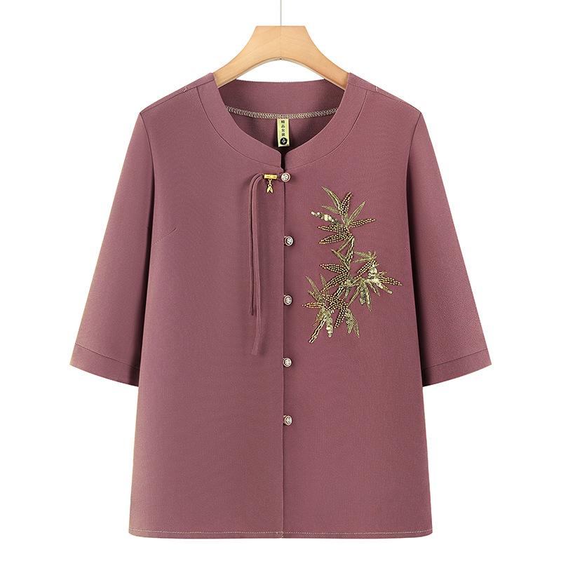 

Embroidered Plus Size Chinese-Style Top for Women 70+, Summer Three-Quarter Sleeve 3XL (124-134 jin) фіолетовий