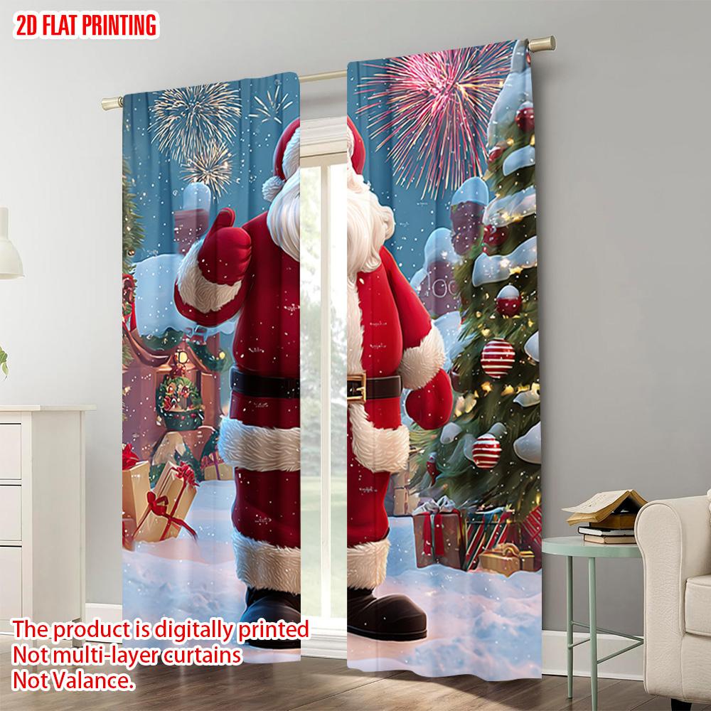 2pcs,2D Plane Printing Curtains Digital Printed Santa Claus & Snowy Village Polyester Fabric (without Rod) Decorations Outdoor