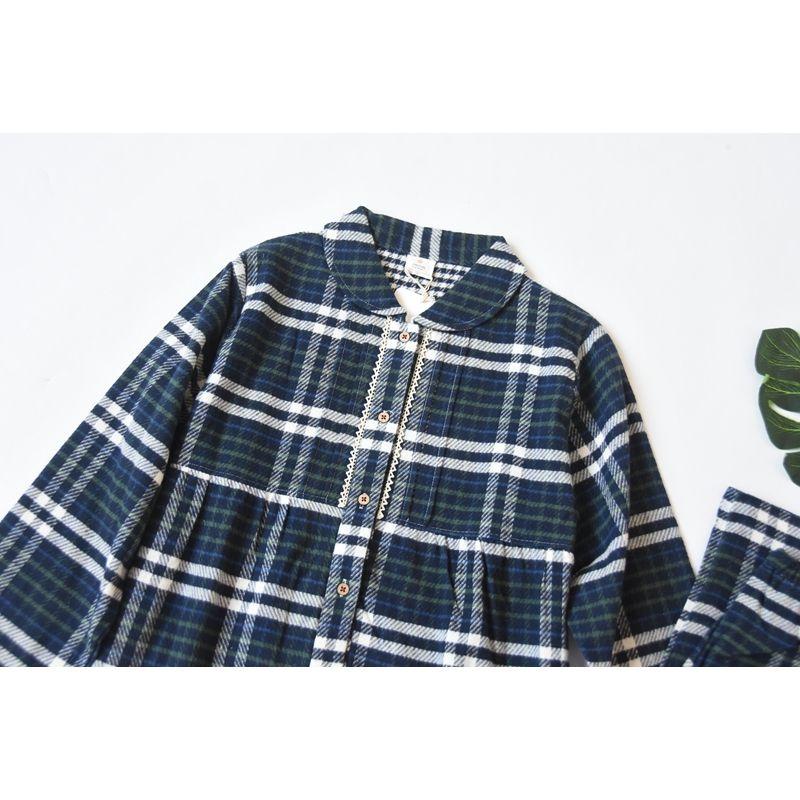 Spring and Autumn Women's Pure Cotton Cotton Velvet Gingham Long Sleeves Pajamas Casual Comfortable Homewear Suit