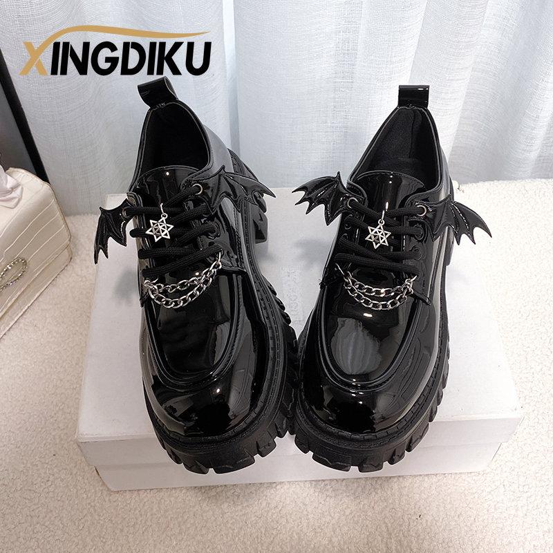 Fashion Punk Wind Fashion Single Shoes Autumn New Devil Bat Wings Gothic Women's Shoes Thick Bottom Waterproof Platform Metal Chain