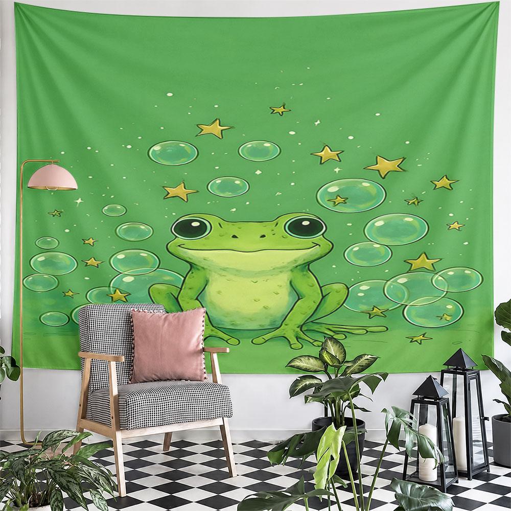 Frog with Stars and Bubbles on Green Pattern Wall Hanging Tapestry Decorative Tapestry Home Decor for Bedroom and Living Room