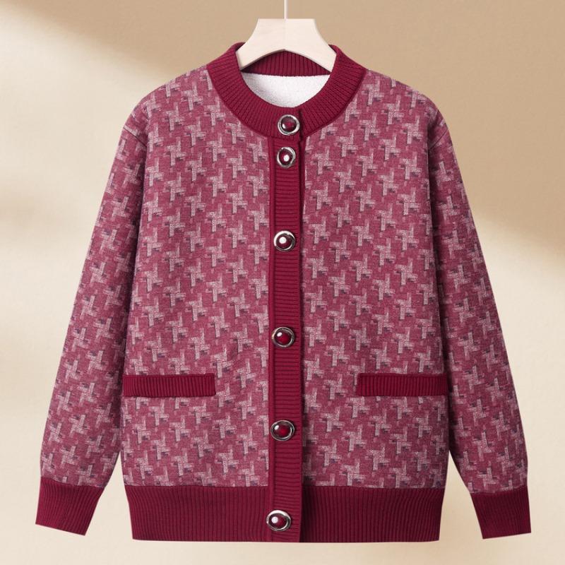 Mom Winter Knitted Sweater Medium and Old Women's Cardigan Winter Top Elderly Grandma Pocket Casual Sweater