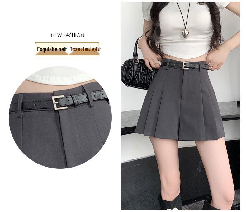Women's Summer 2024 Gray Pleated High-Waist A-Line Skirt Shorts - Slim, Loose Fit