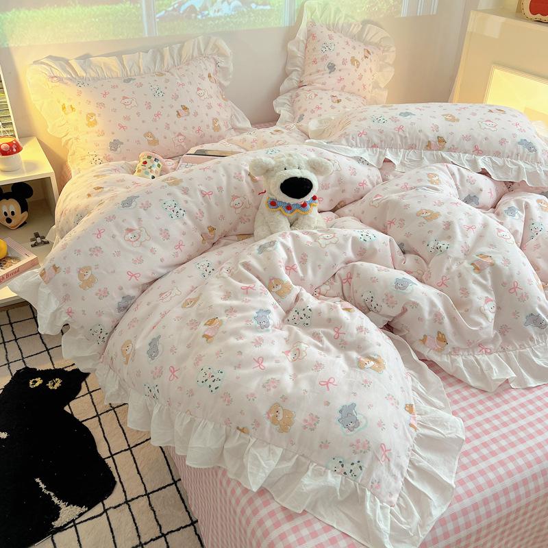 Koreanischer Stil Cartoon Herz Reine Baumwolle Spitze Bettwäsche-Set - Mädchenhaftes Wohnheim 4-teilig, 1,8 m