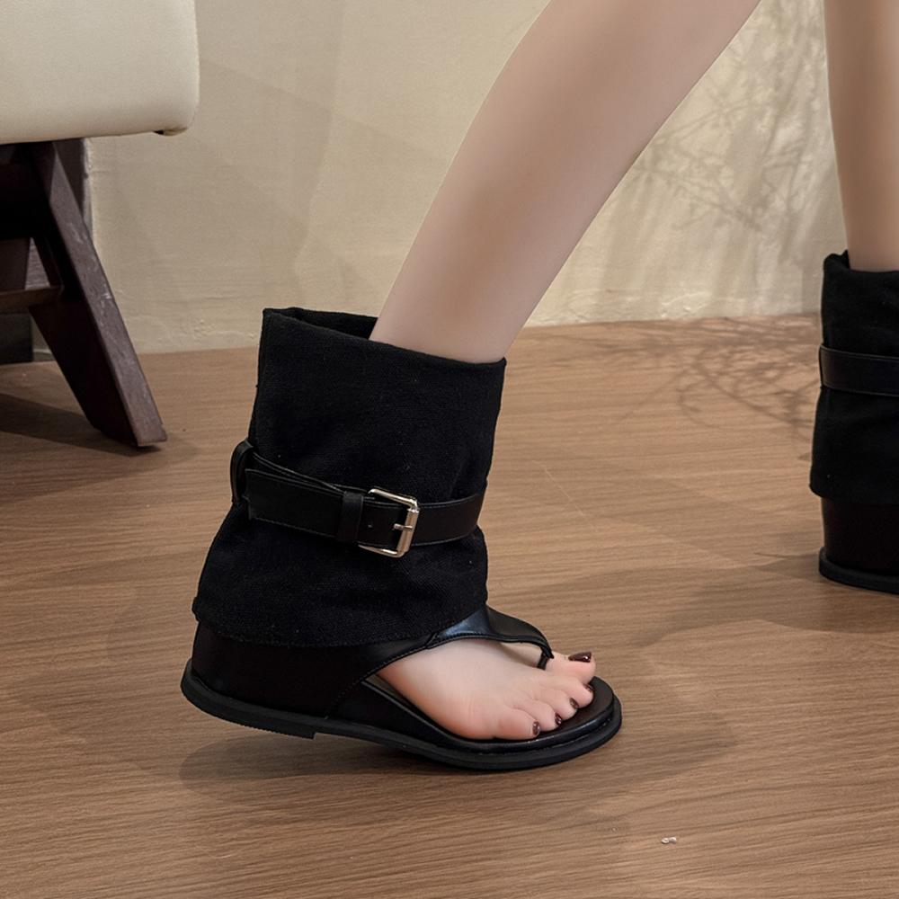 Retro Style 2025 Summer Women's New Designed Fashion Cool Boots Casual Belt Buckle Flip-flops Versatile Wedge Heeled Short Boots