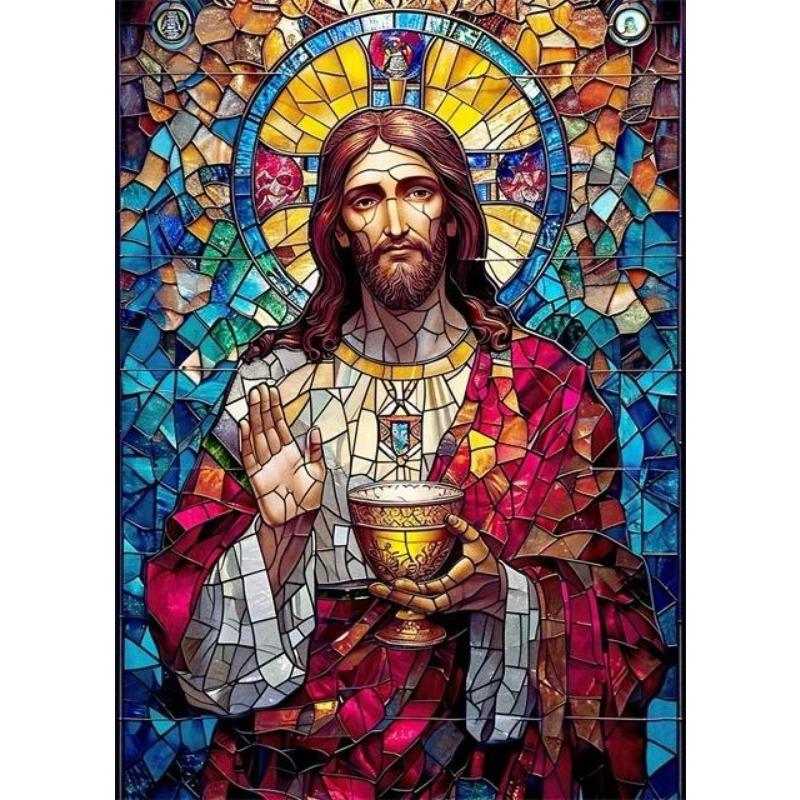 Jesus Christ Stained Glass Canvas Prints  Religious Abstract Pop Art Mosaic Wall Decor for Home Spiritual Portrait Poster for Li