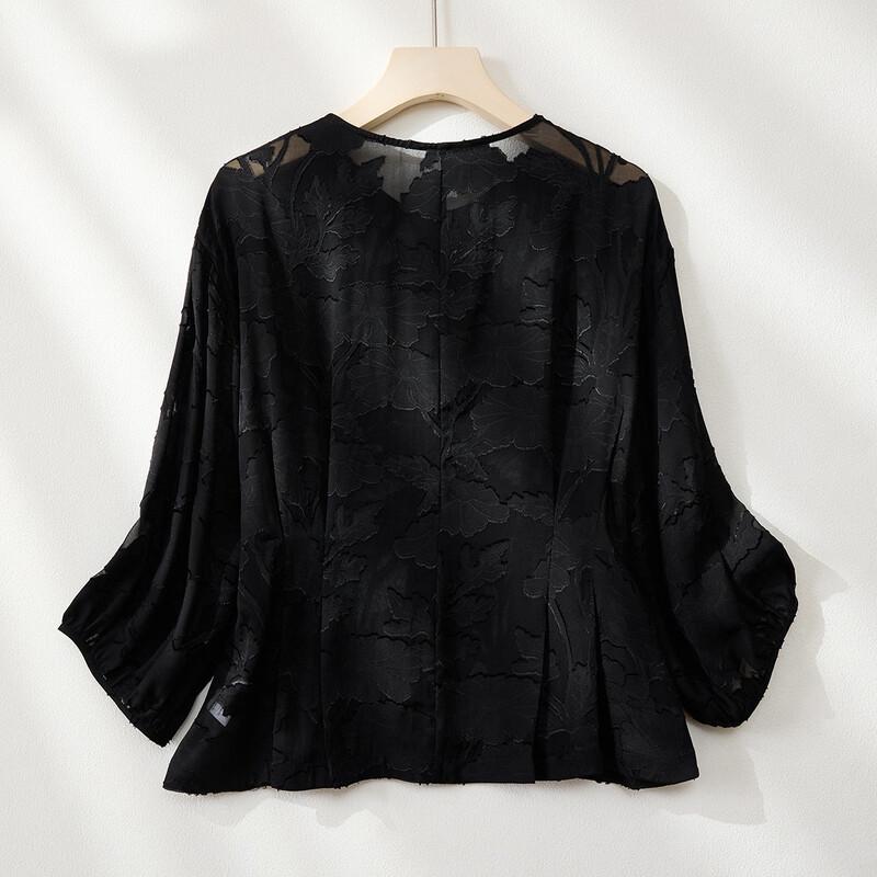 Elegant Floral Jacquard Mulberry Silk Round Neck Top