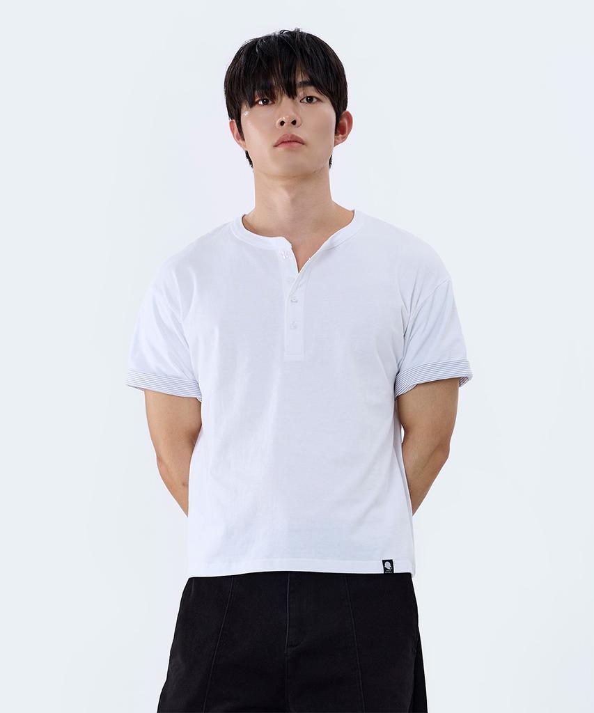 GHOST REPUBLIC Crop Stripe Color Block Roll-Up Henley Neck Short Sleeve T-Shirt Gt-393_White