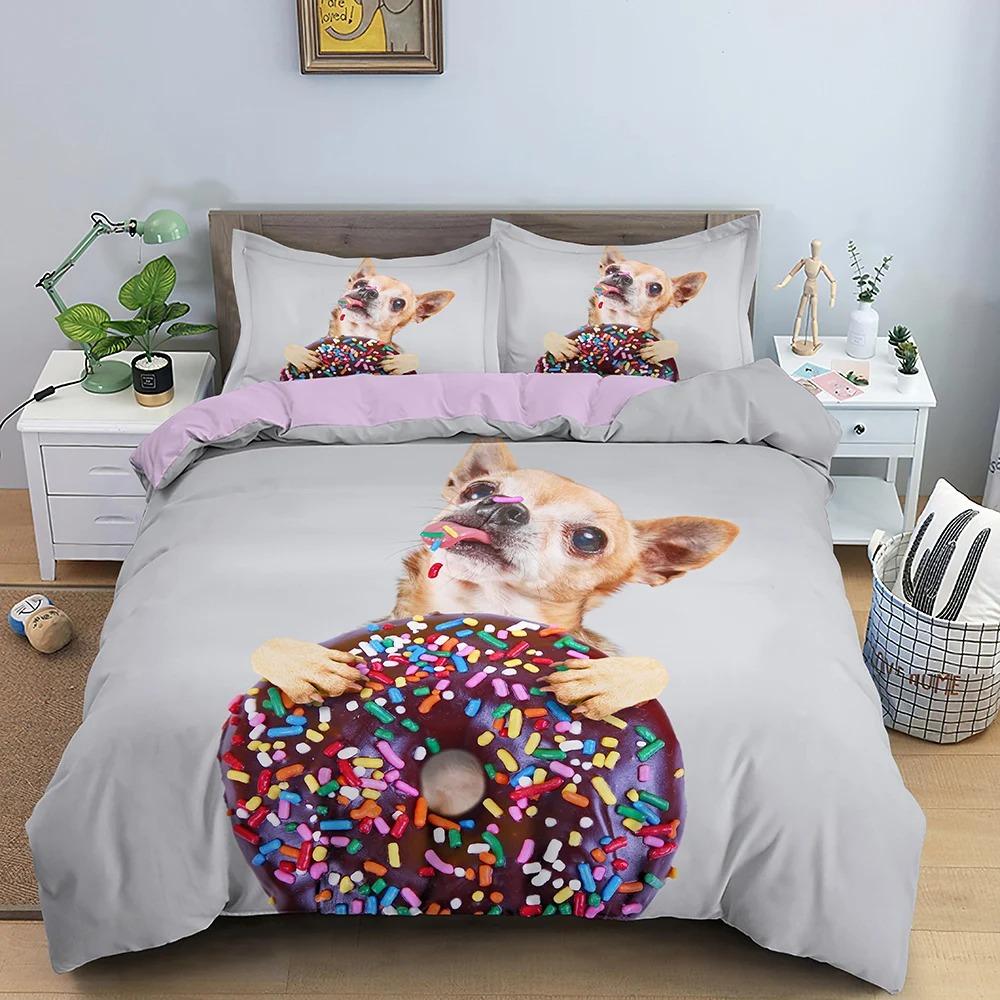 Animal Pet Duvet Cover Set Cute Dog Hugging Donut Bedding Set  For Kids 3D Dog Comforter Cover Soft Polyester Quilt Cover