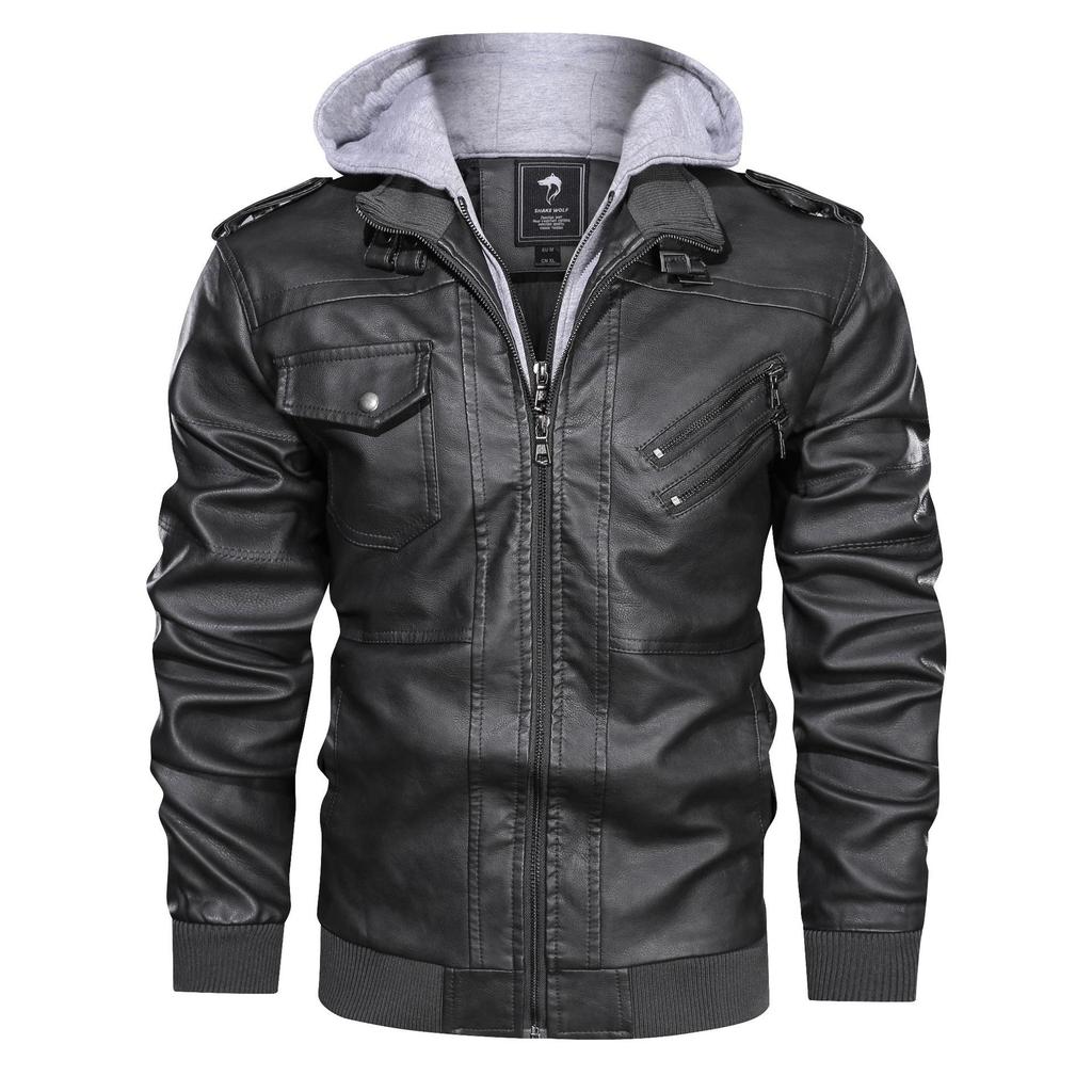 Spring and Autumn Men's Detachable Hooded Thin Knitted PU Leather Coat Large Motorcycle Leather Coat